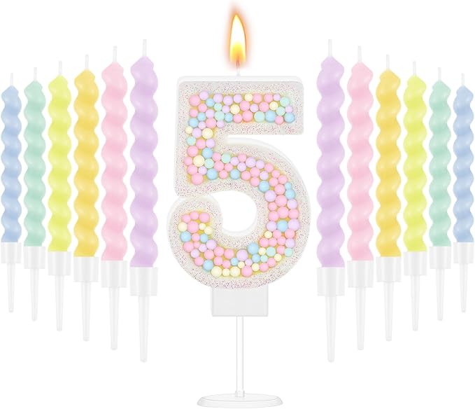 MTLEE Number 5 Birthday Candle with 12 Pcs Spiral Candles for Girls Ma