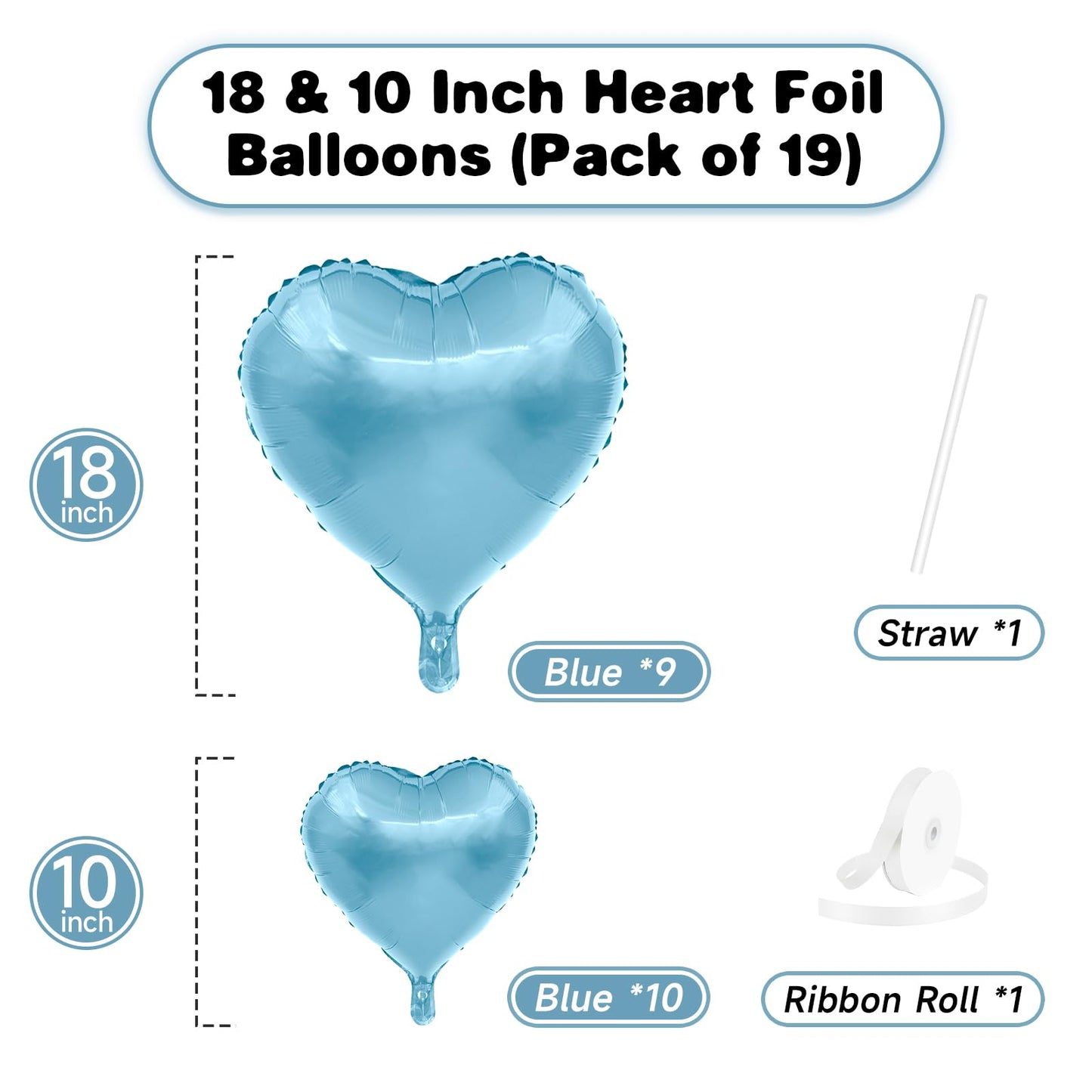 Blue Heart Balloons, 19PCS Light Blue Heart Shape Balloons, 18Inch