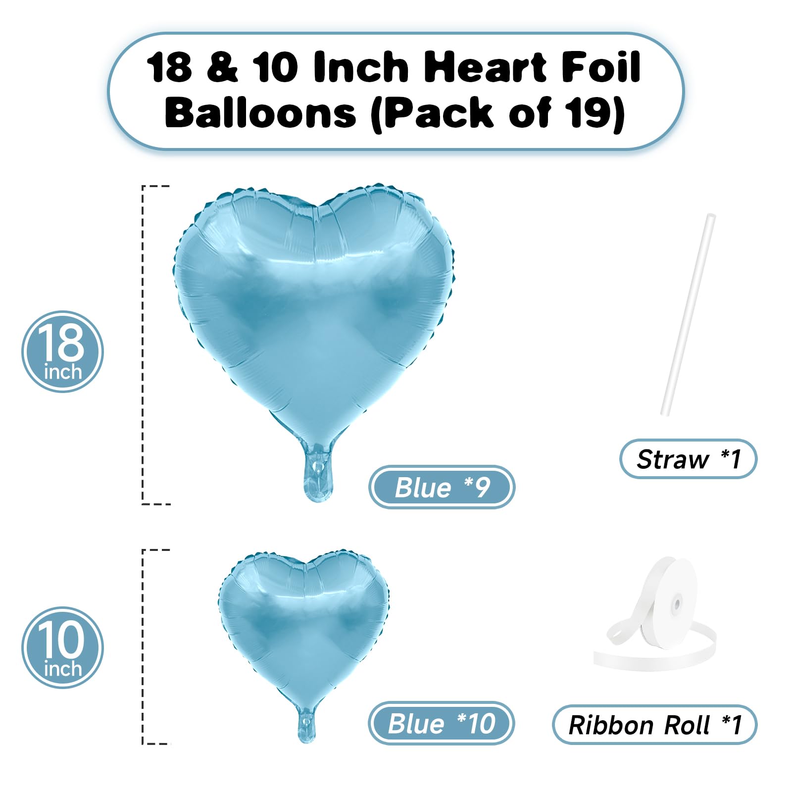 Blue Heart Balloons, 19PCS Light Blue Heart Shape Balloons, 18Inch