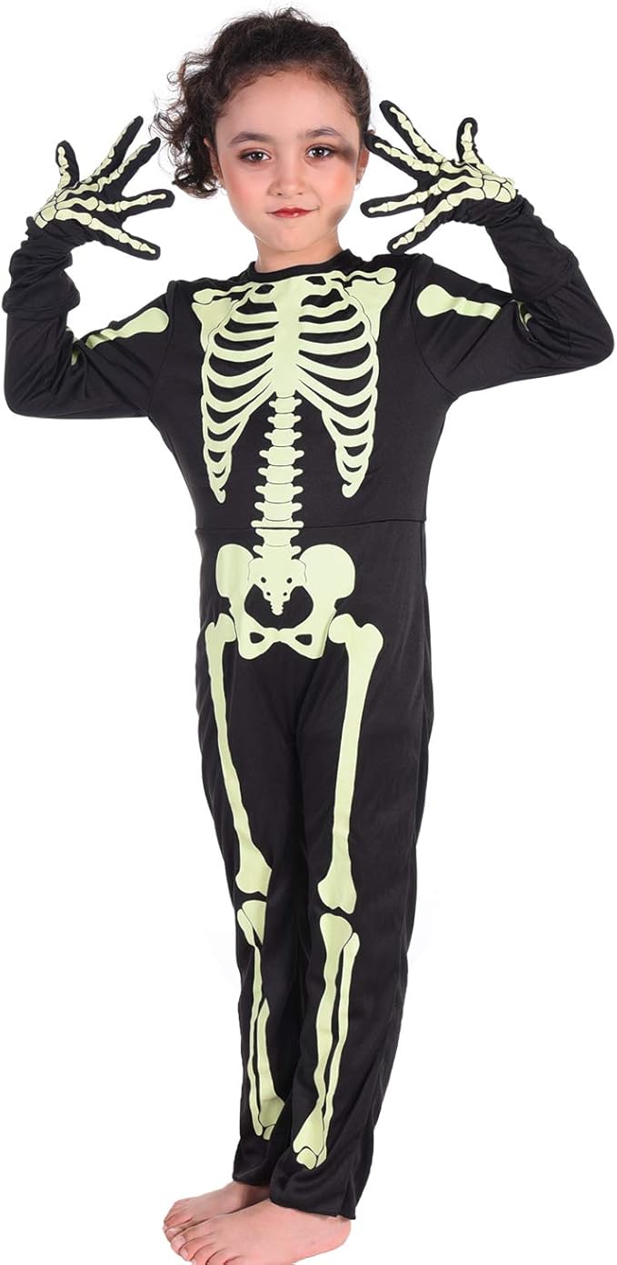 Kids Halloween Skeleton Costumes Glow in The Dark with Gloves for