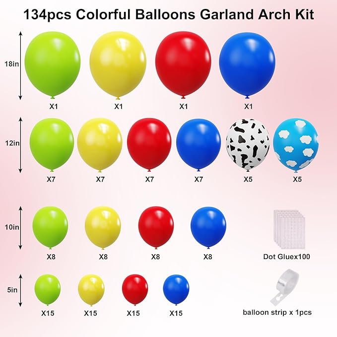 YMSZ Cow Print Balloons Arch Kit, 134pcs Red Blue Yellow Green