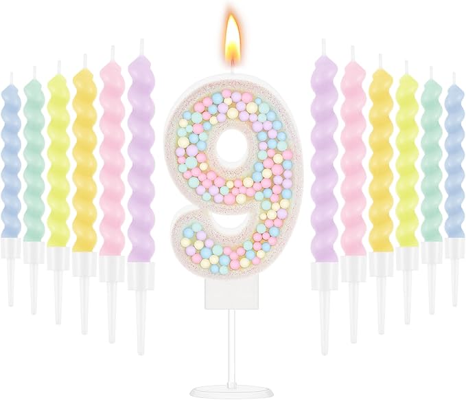 MTLEE Number 9 Birthday Candle with 12 Pcs Spiral Candles for Girls Ma