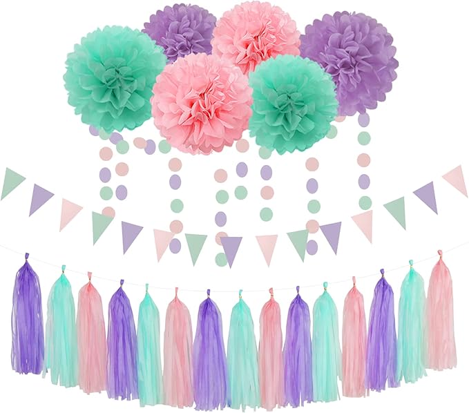 Pink Purple Mint Mermaid Ocean Themed Party Decorations 23pcs Tissue