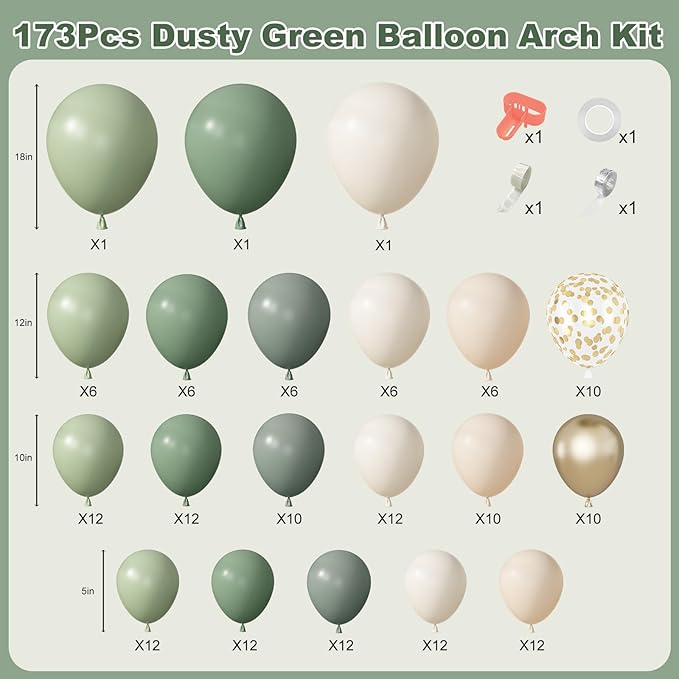 Amandir 173Pcs Dusty Green White Sand Balloon Arch Garland Kit, Beige