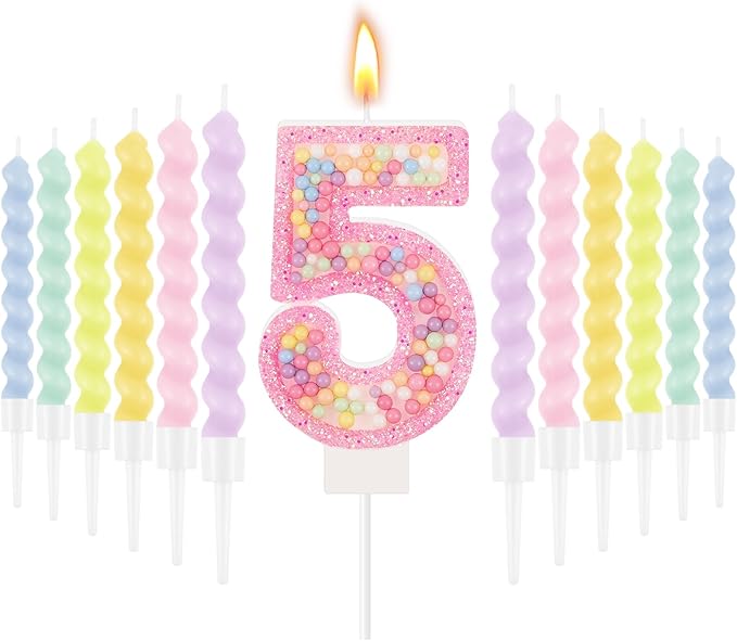 MTLEE Number 5 Birthday Candle with 12 Pcs Spiral Candles for Girls