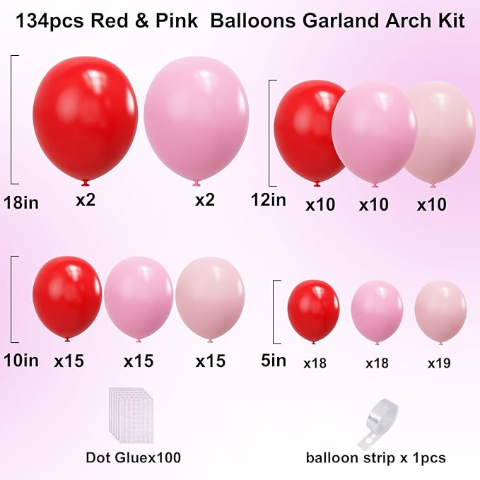 YMSZ Red and Pink Balloons Arch Kit, Valentines Balloons Arch,134pcs