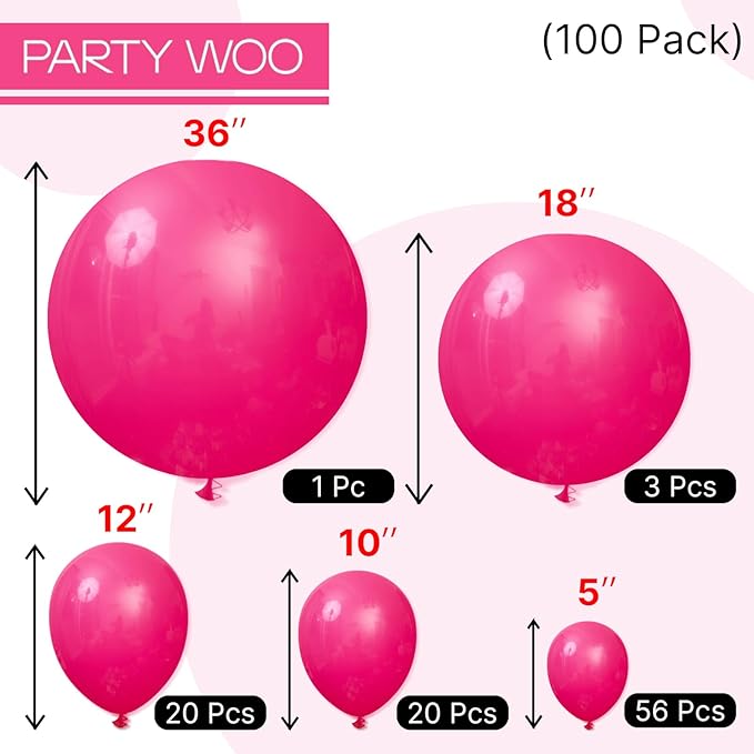 PartyWoo Hot Pink Balloons 100 pcs Different Sizes of 36 18 12 10 5