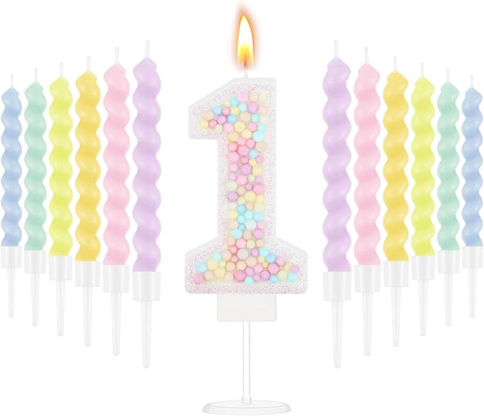 MTLEE Number 1 Birthday Candle with 12 Pcs Spiral Candles for Girls Ma