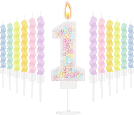 MTLEE Number 1 Birthday Candle with 12 Pcs Spiral Candles for Girls Ma