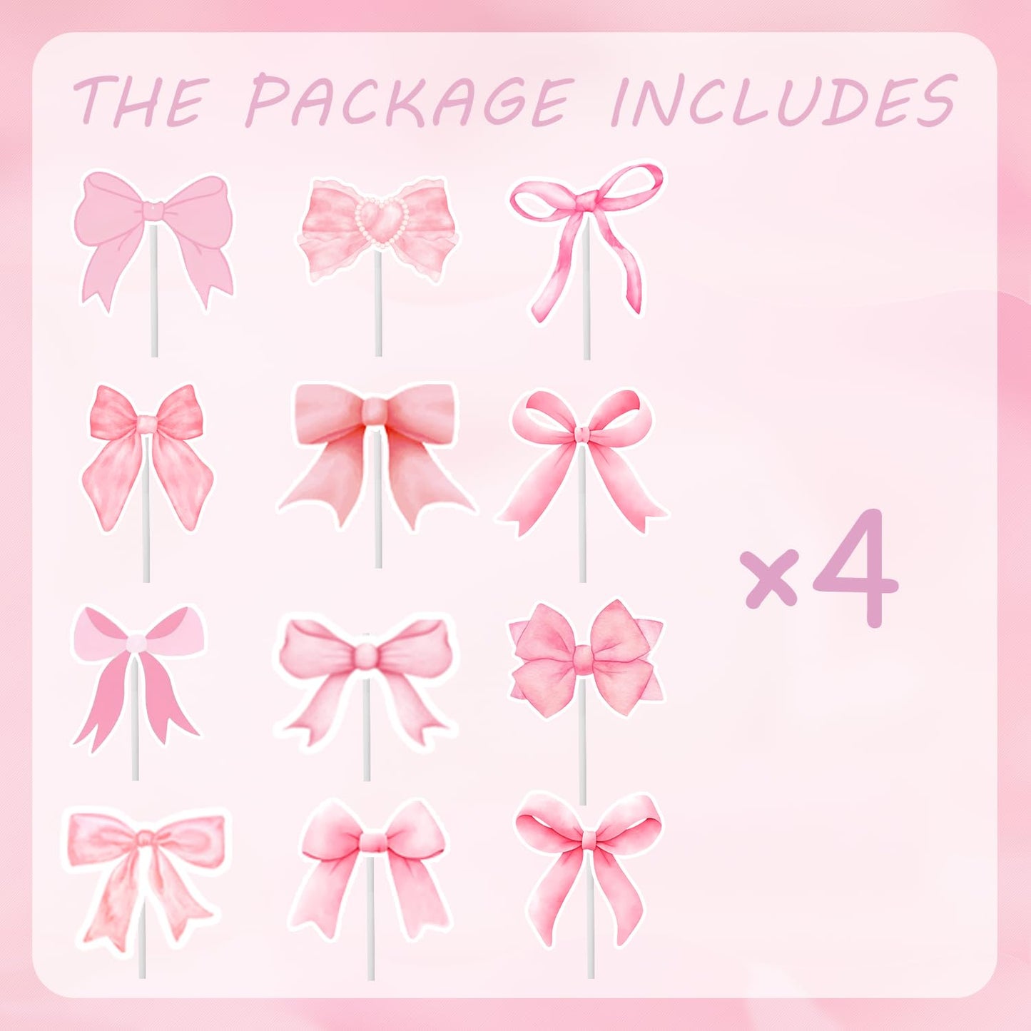48PCS Coquette Bow Cupcake Toppers, Pink Bow Coquette Birthday Cake