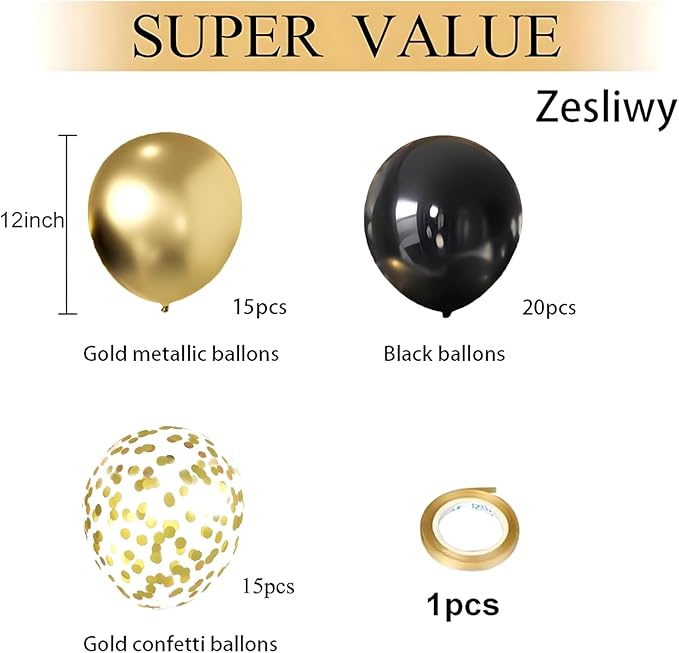 Zesliwy Black and Gold Confetti Balloons, 50 Pack Gold Metallic and