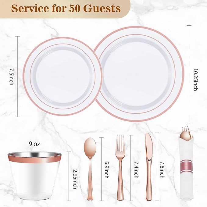 BESTVIP 175PCS Rose Gold Plastic Dinnerware Set, Disposable Party