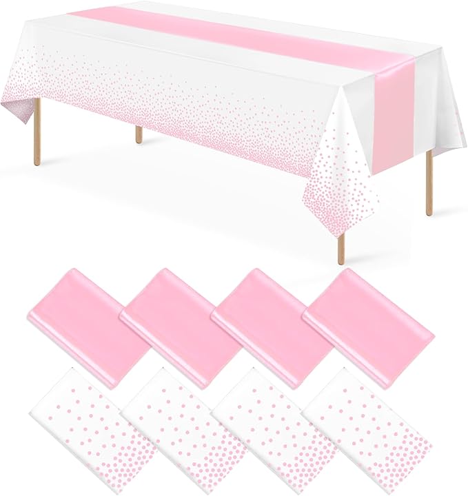 8Pack Disposable Plastic Tablecloths and Satin Table Runner Set White