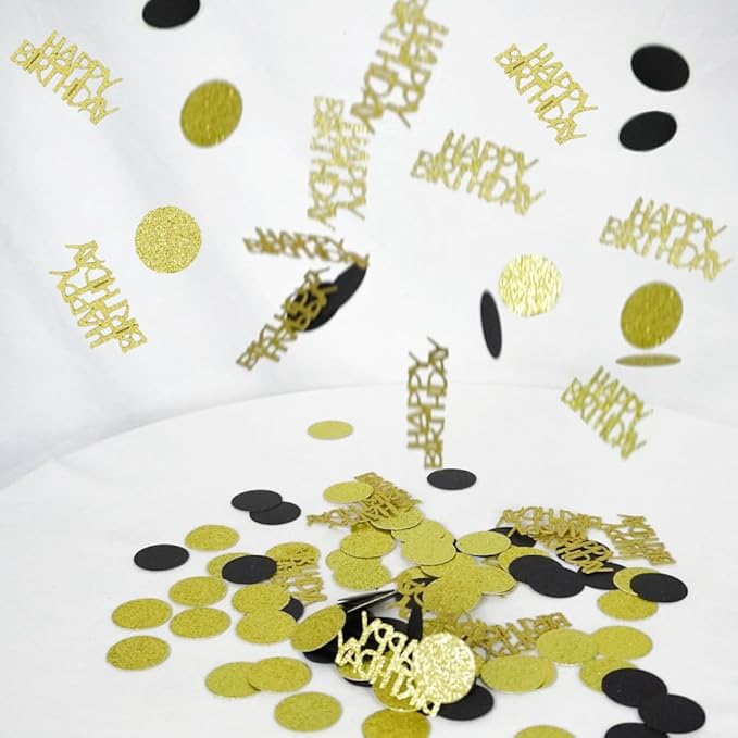 Happy Birthday Confetti, Glitter Gold and Black Birthday Table