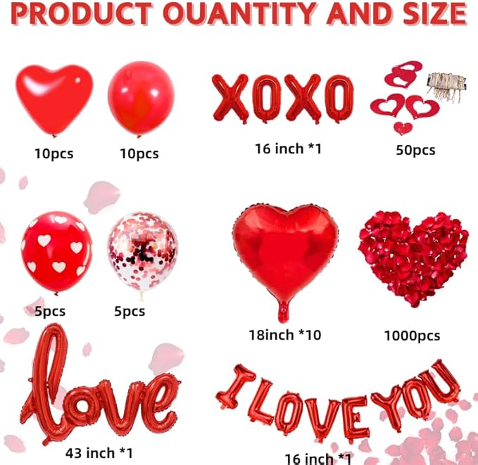 1100PCS Valentine's Day Balloons Kit with XOXO Red Heart and I Love