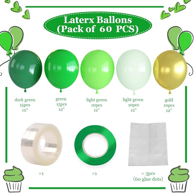 Green and Gold Balloons, 60Pcs 12Inch Different Shades Green Balloon