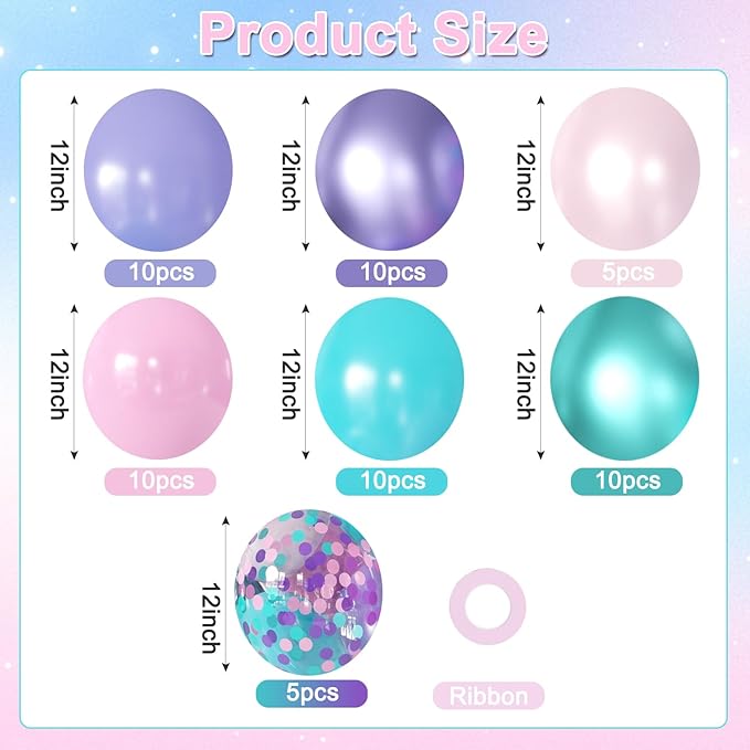 Mermaid Balloons, 60Pcs 12inch Metallic Purple Pink Blue Balloons