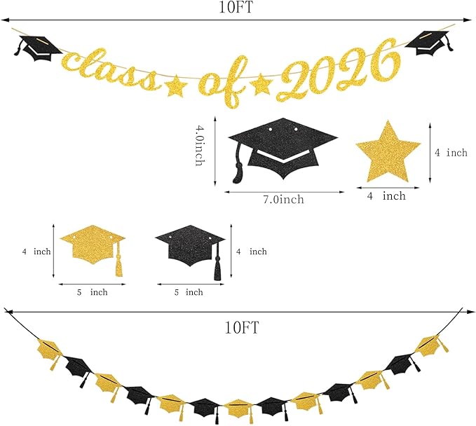Black Gold Party-Decoration Graduation Banner - 14pcs Kits Cap