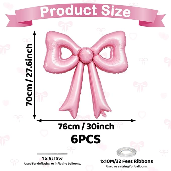 6 Pcs Pearl Pink Bow Balloons, 30 Inch Bow Foil Balloon, Pink Cutout