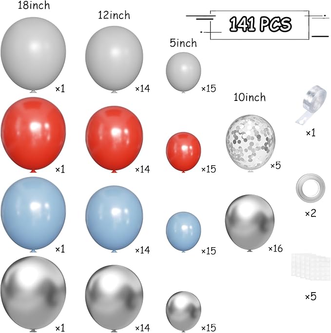MEBAY Dusty Blue Gray Red Silver Balloon Arch Kit, 141 Pcs Dusty Blue