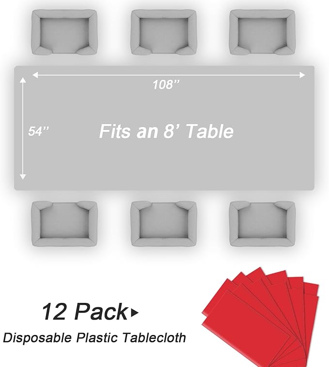 QIKSION Red Plastic Table Cloth Disposable 12 Pack, 54 x 108 Inch