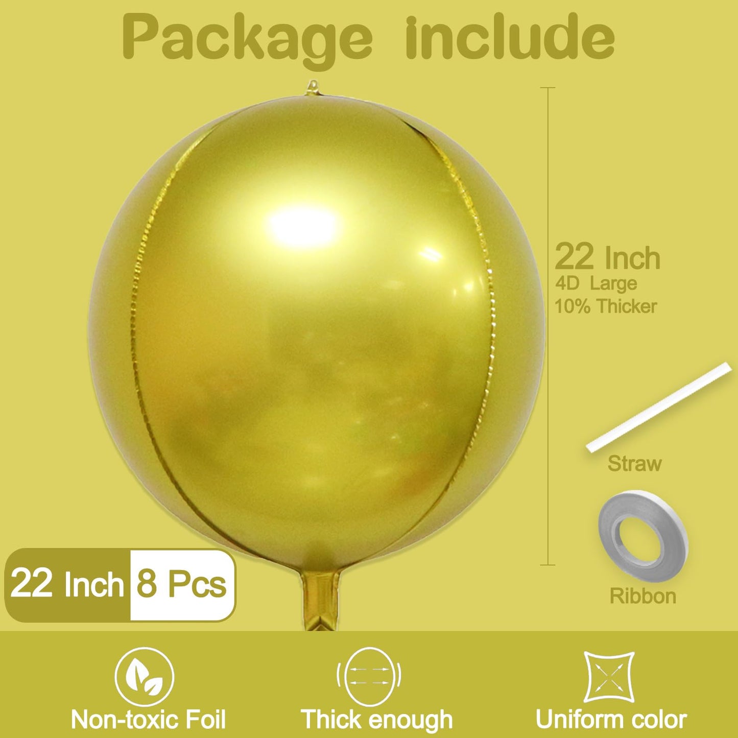 8 Pcs Gold Metallic Balloons, 22 Inch Large Big 4D Round Chrome Foil