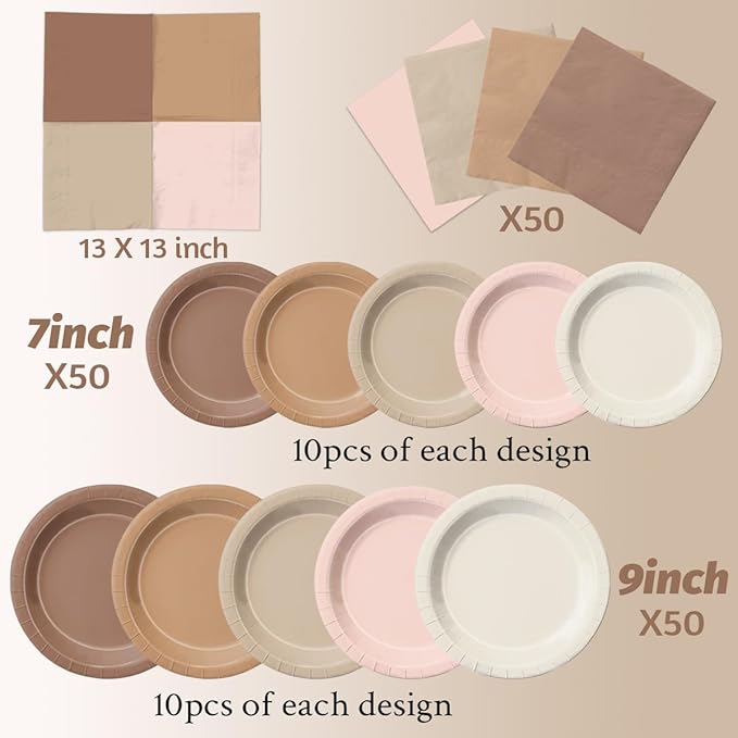 Boho Baby Shower Decorations 150Pcs Gradient Brown Plates and