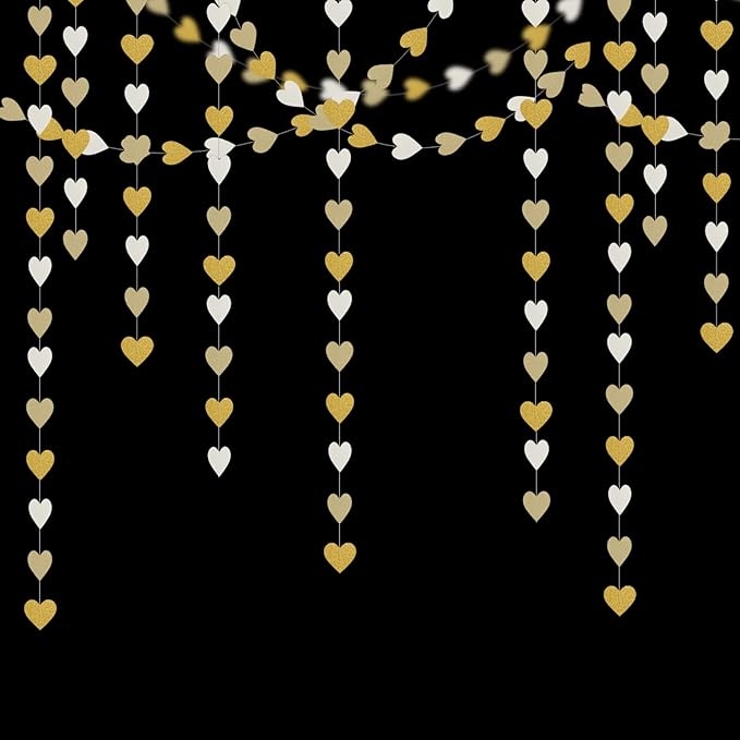 White-Gold Champagne Party-Decorations Heart Streamers Garland - 52Ft