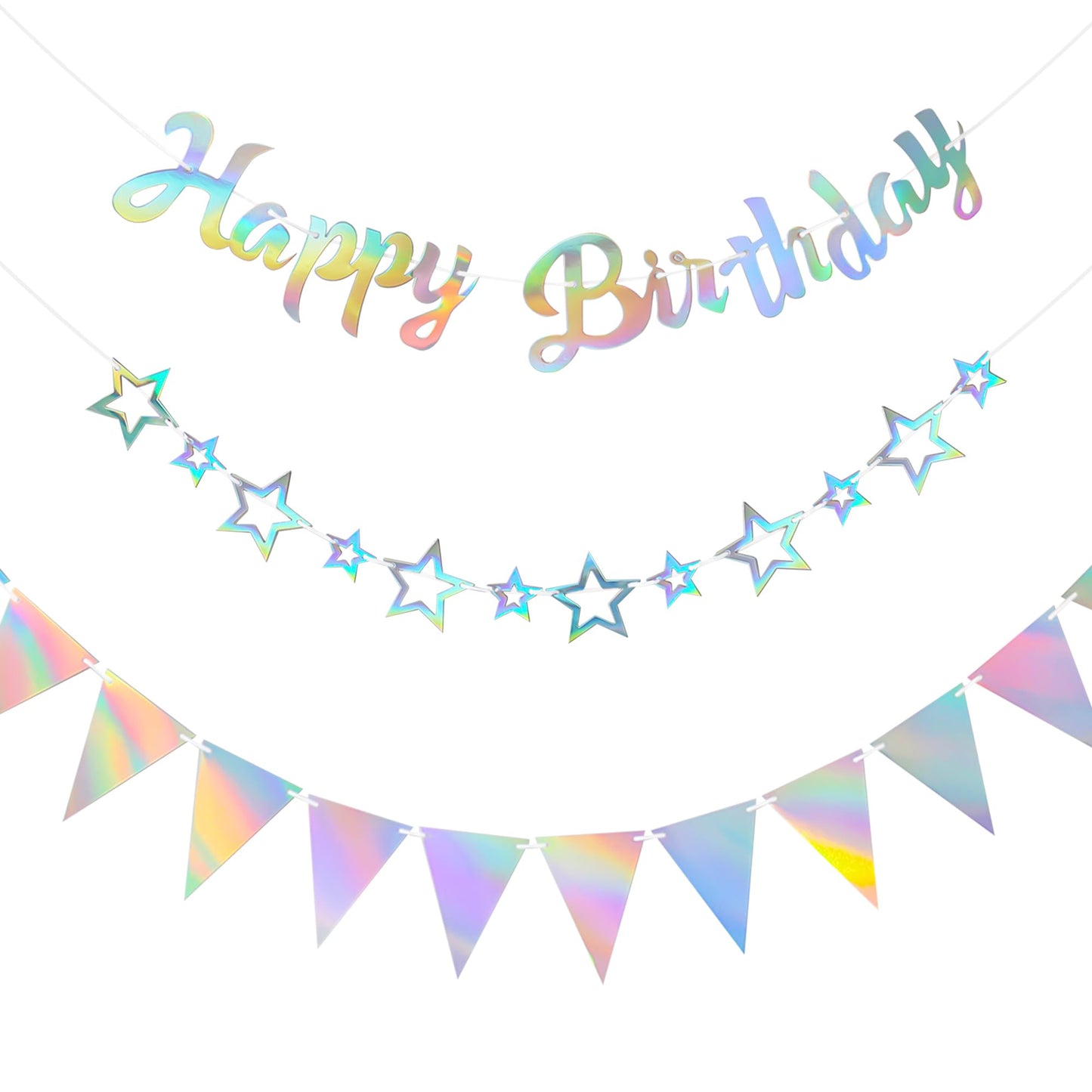 CANREVEL 3 PCS Iridescent Happy Birthday Banners, Hanging Star Garland