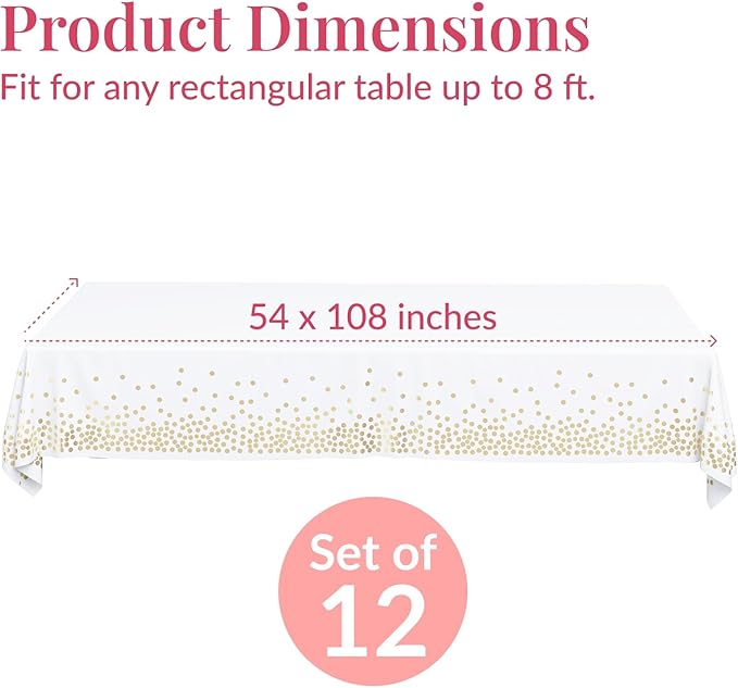 Prestee 12-Pack White and Gold Tablecloth - 54x108 Inch - Disposable