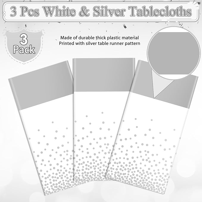 3Pcs White and Silver Tablecloth Party Decorations,Plastic White