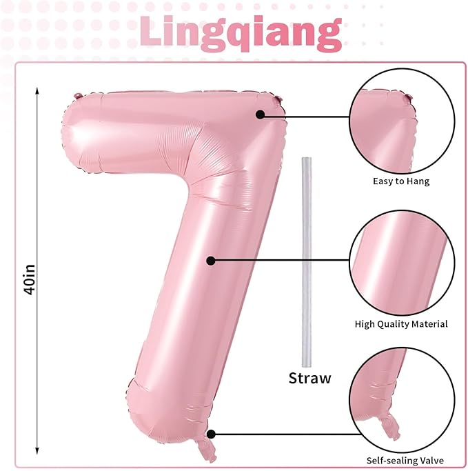 Light Pink Foil Balloon Number 7, 40'' Giant Self Inflating Number