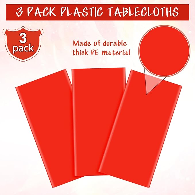 3Pcs Red Rectangle Tablecloths,Disposable Plastic