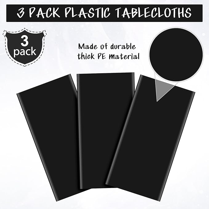3Pcs Black Rectangle Tablecloth,Disposable Plastic Table