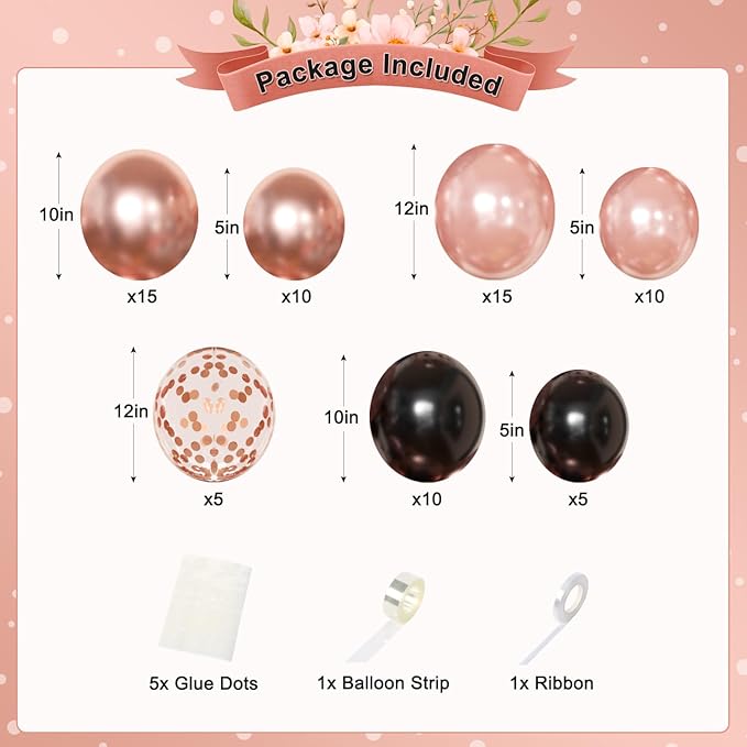 Rose Gold and Black Birthday Decorations for Women Girls Pearl