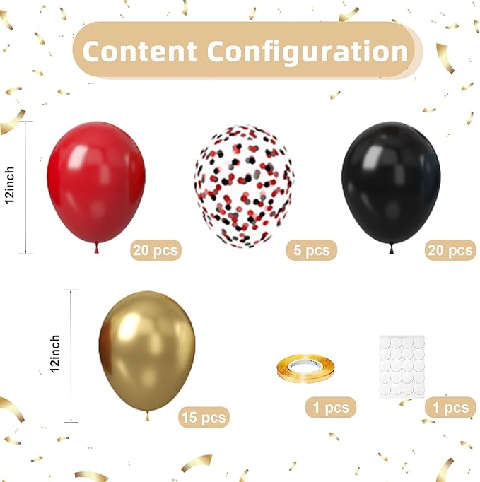Black Red Gold Balloons, 60pcs 12Inch Black and Red Balloons,Metal