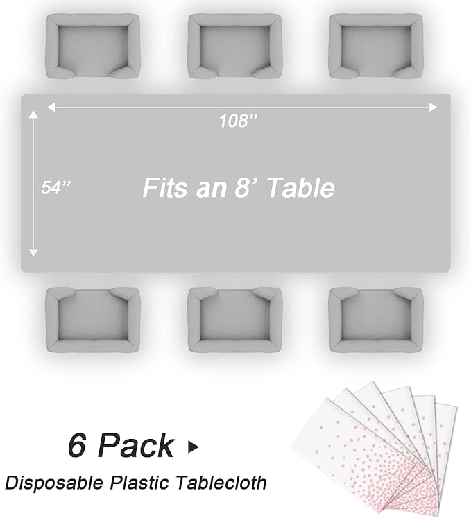 QIKSION 6 Pack White and Pink Dot Plastic Tablecloth, Waterproof