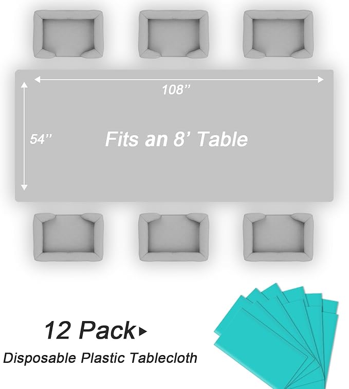 QIKSION Teal Plastic Table Cloth Disposable 12 Pack, 54 x 108 Inch