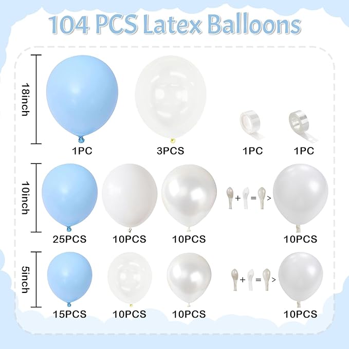 Pastel Blue White Balloons Garland Arch Kit, 104PCS Double Stuffed
