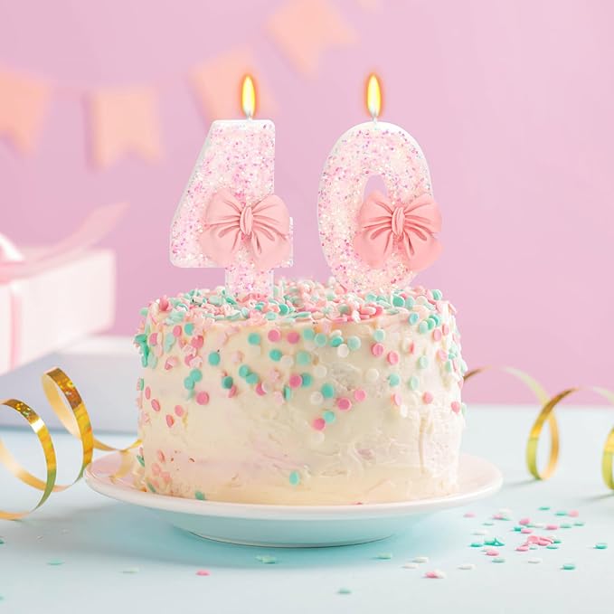 40th Birthday Number Cake Candles, Pink Bow, 2.76 inch, 2 Pack,