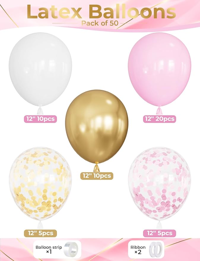 Pink and Gold Balloons Set - 12 Inch Light Pink White Balloons Shiny