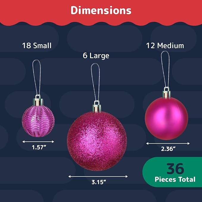 Prextex 36-Pieces Fuchsia Pink Christmas Ornaments Set -