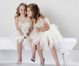 Kids Girls Spaghetti Strap Lace Feather Fringes Tutu Tulle Swan