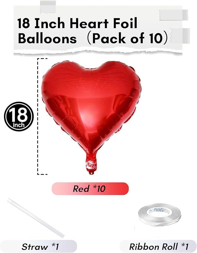 Red Heart Balloons, 18 Inch Metallic Red Foil Balloon Helium 10Pcs