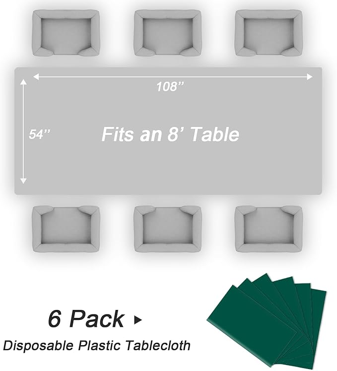 QIKSION Dark Green Plastic Table Cloth Disposable 6 Pack, 54 x 108