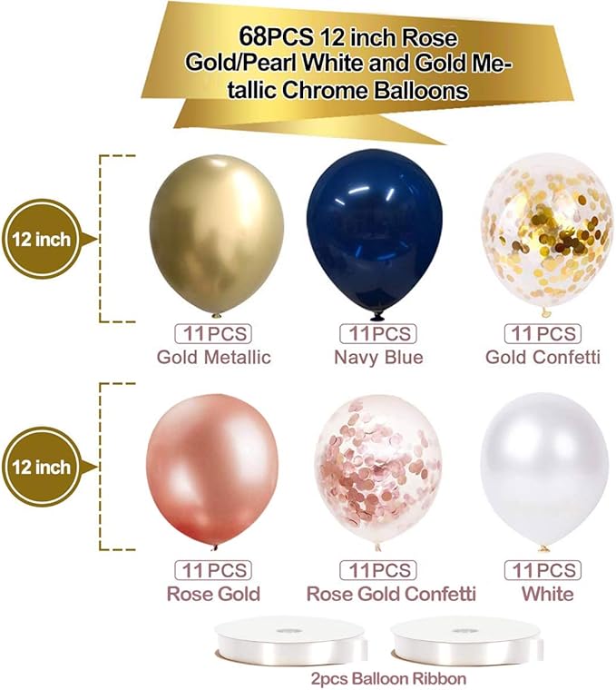 68 Pack Navy Blue Rose Gold Confetti Latex Balloons, 12 inch Birthday