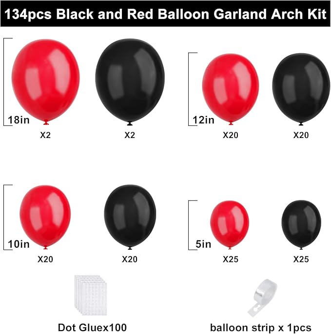 Red Black Balloons Garland Arch Kit, 134pcs Black and Red Party