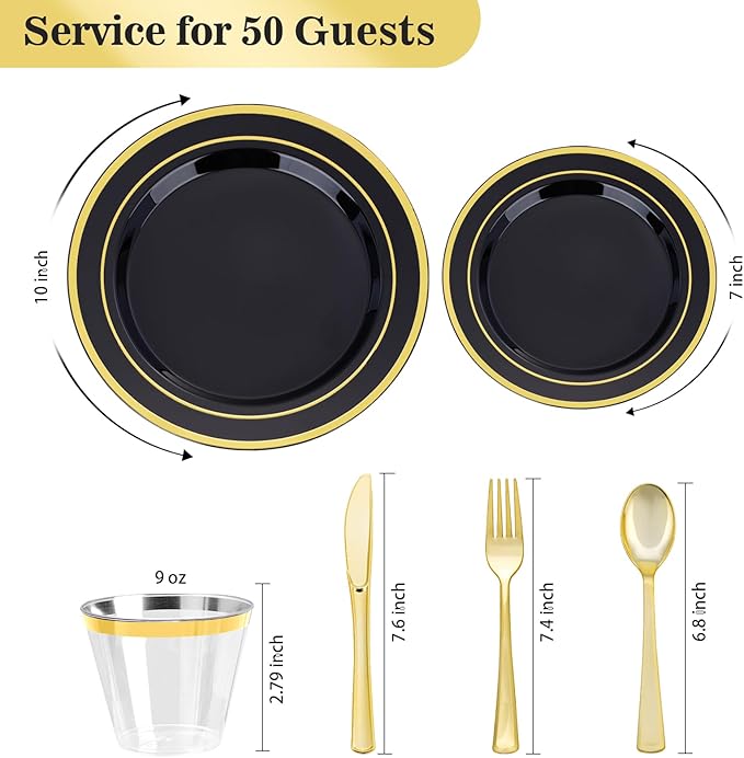 BESTVIP 300PCS Black Gold Dinnerware Set for 50 Guests, Plastic