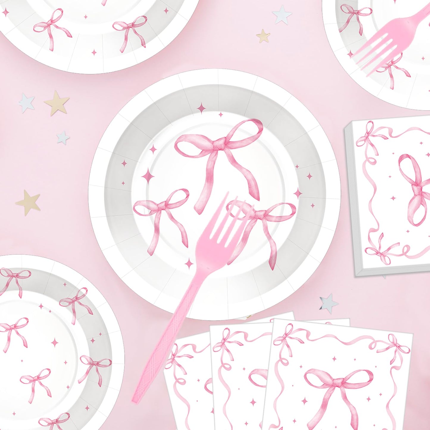 100 Pcs Pink Ribbon Bow Party Supplies Set, Serves 25 – Disposable