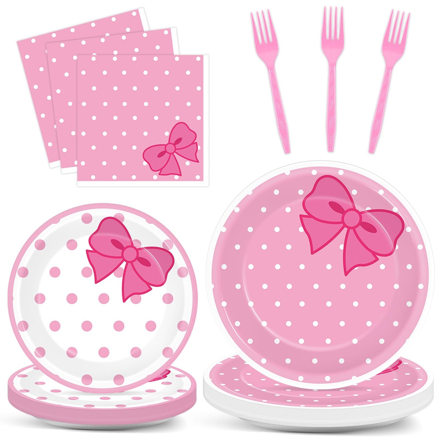 96Pcs Pink Cat Paper Plates and Napkins Cute Cats Bow Theme Birthday